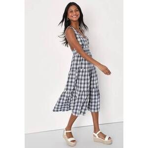 Lulus Surely Charmed Navy Blue Plaid Tiered Backless Midi Dress - Size XS